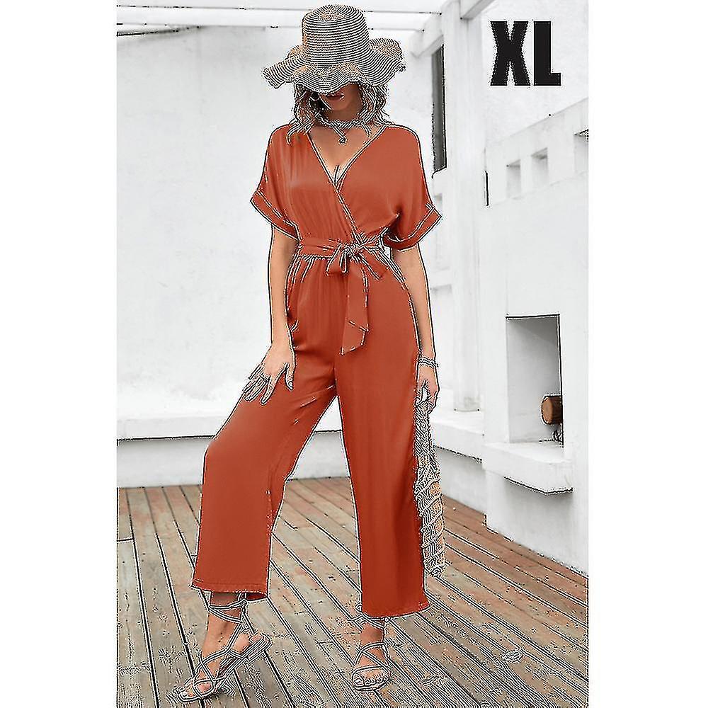 Women Summer Jumpsuit V Neck Rompers Lace Up Short Sleeve Playsuit-5