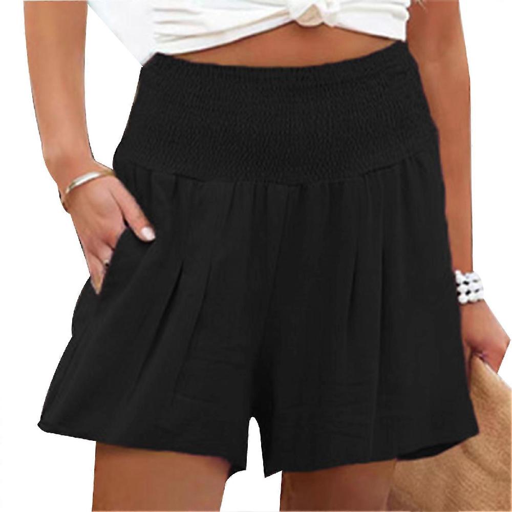 Women Summer Shorts Casual Workout Elastic Waist Shirred Shorts with Pocket for Running Fitness Black XL