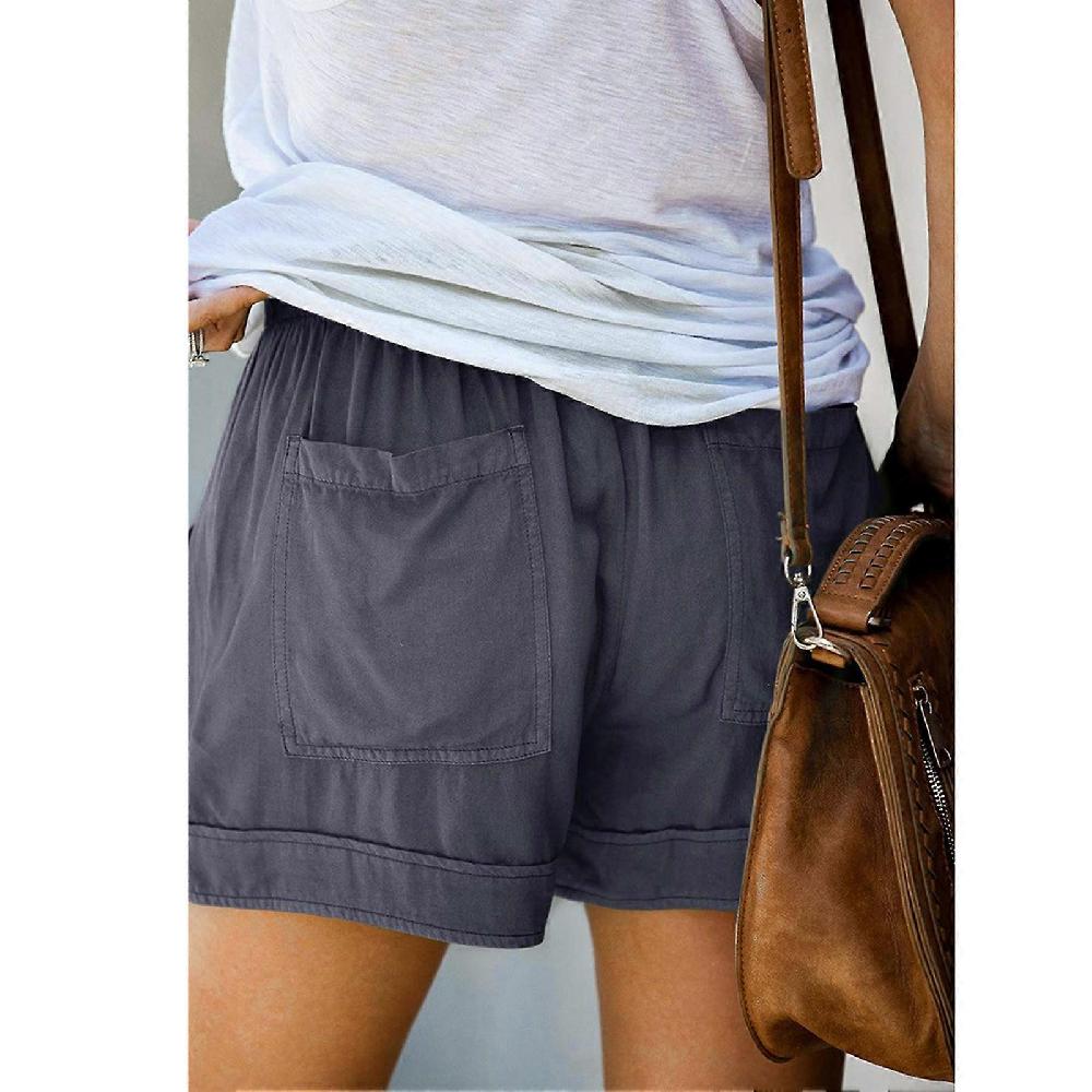 Women Summer Shorts Elastic Waist Drawstring Closure Medium Waist Casual Style Shorts with Side Pockets Grayish Blue XL