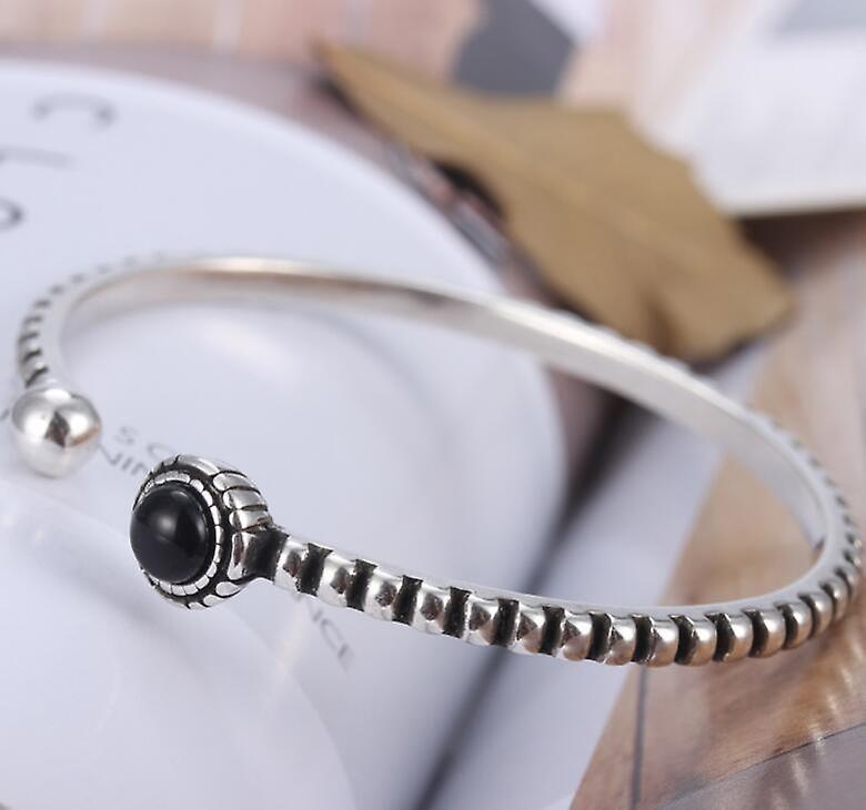 Womens 925 Sterling Silver Black Agate Cuff Adjustable Bangle Fashion Bracelet