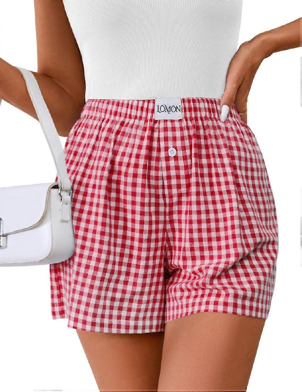 Womens Boxer Shorts Casual Summer Cotton Pajama Lounge Sleep Pj Gingham Plaid Shorts Y2K Beach Bottoms