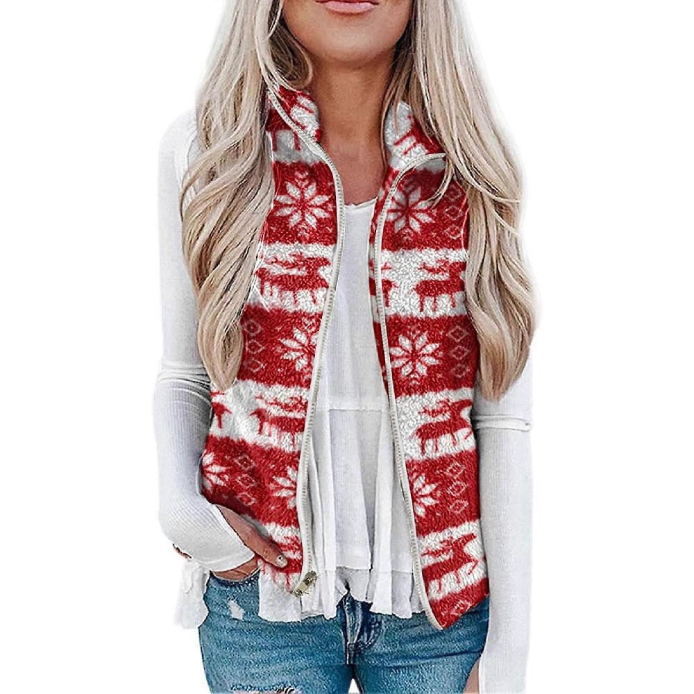 Womens Fuzzy Fleece Vest Casual Warm Christmas Pattern Print Zip Up Sleeveless Jacket Outerwear for Party Red L