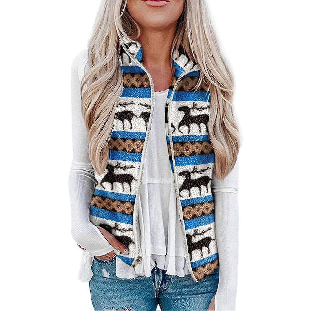 Womens Fuzzy Fleece Vest Casual Warm Christmas Pattern Print Zip Up Sleeveless Jacket Outerwear for Party Blue XXL
