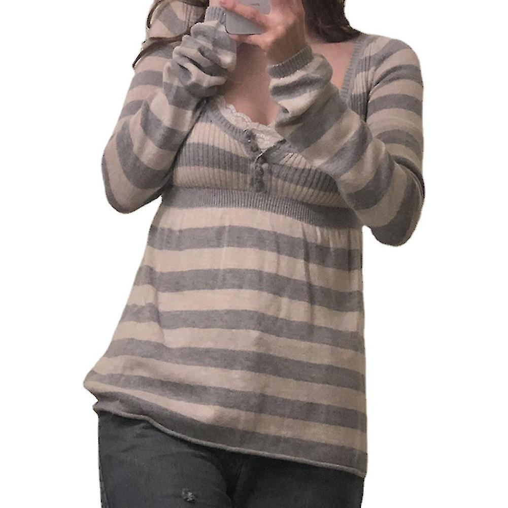 Womens Grey Striped Knitted Jumper - Sexy Low-cut Waist And Elegant Contrast Color Design - Soft And Comfortable - Suitable For Daily Wear Travel An