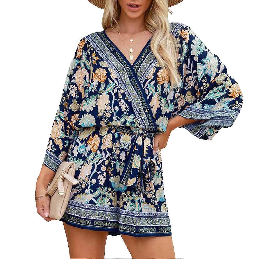 Wrap V Neck Belted Jumpsuit Women Fashionable Loose Casual 3/4 Sleeve Floral Print Jumpsuit For Beach Party Floral Print S