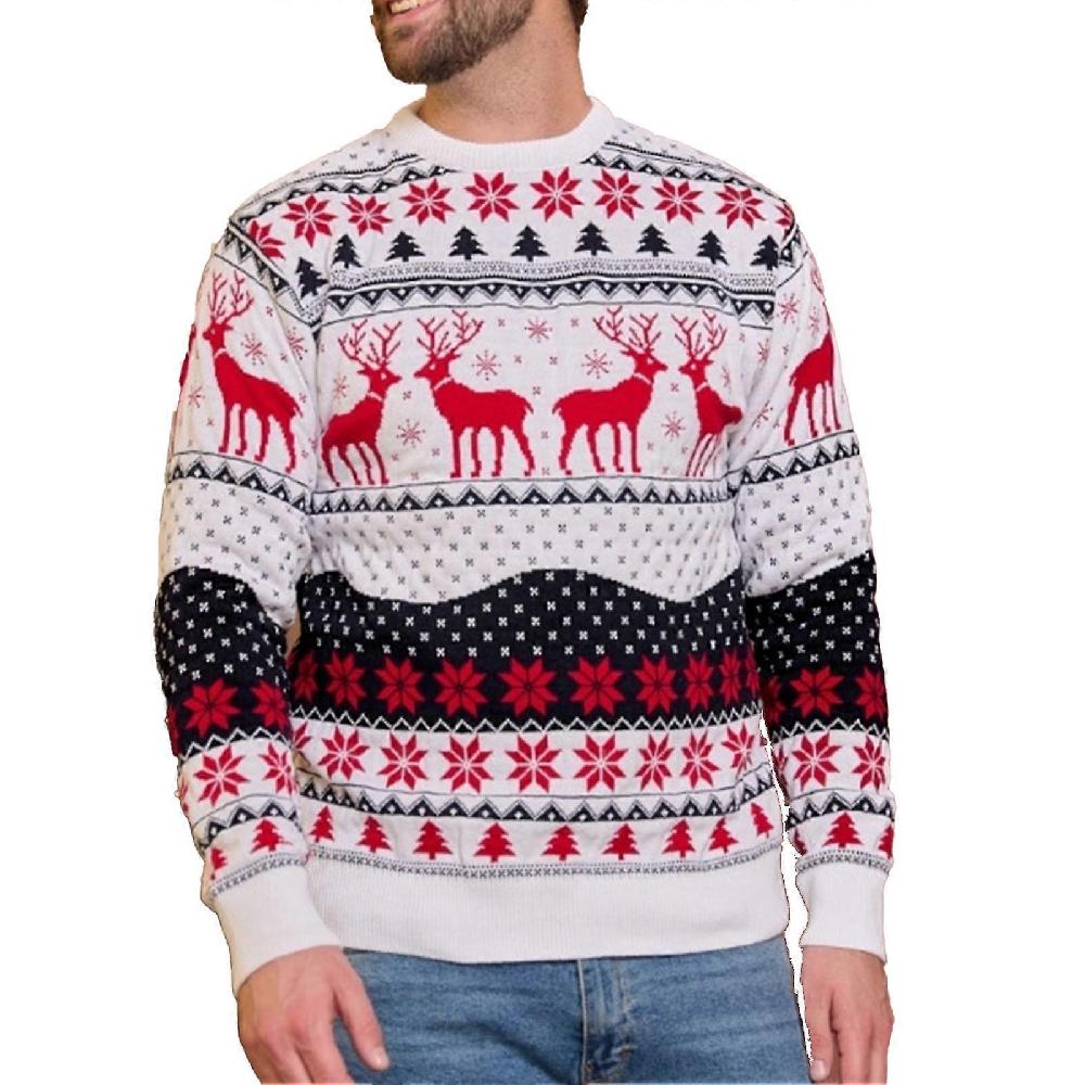 Xmas Snowflake Sweater Long Sleeve Elk Printed Round Neck Warm Knitted Sweater New Year Outdoor Daily White for Men S