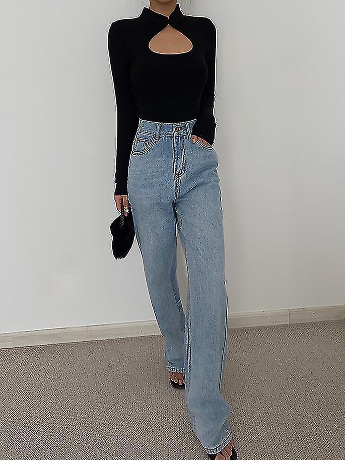 Yougang High Quality Deep Sea Blue High Waist Small Wide Leg Jeans Women's 2022 Autumn New Loose Straight Pants