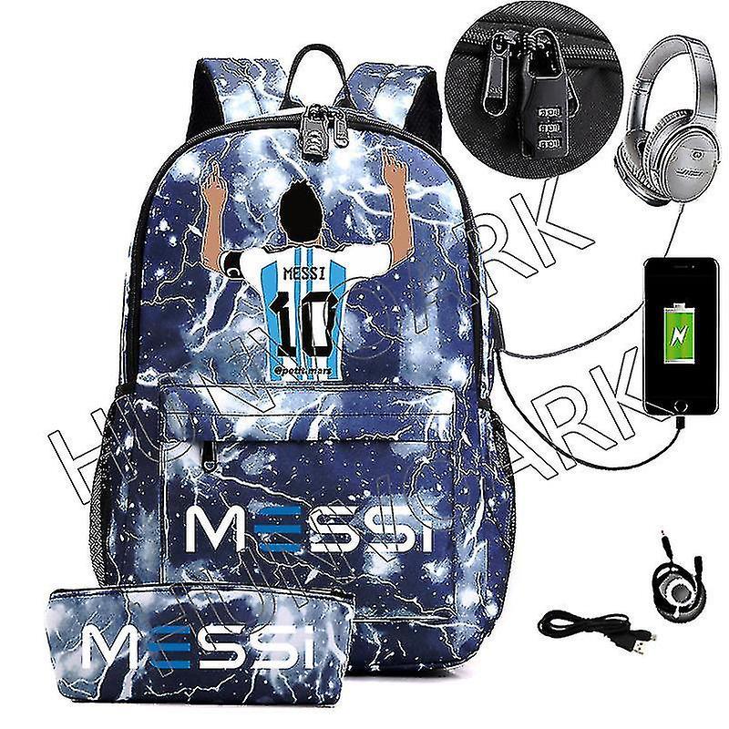 Zaino impermeabile Messi Ricarica USB Zaino da viaggio casuale Donne Uomini Zaino da viaggio di grande capacità Zaino per laptop Borse scolastiche