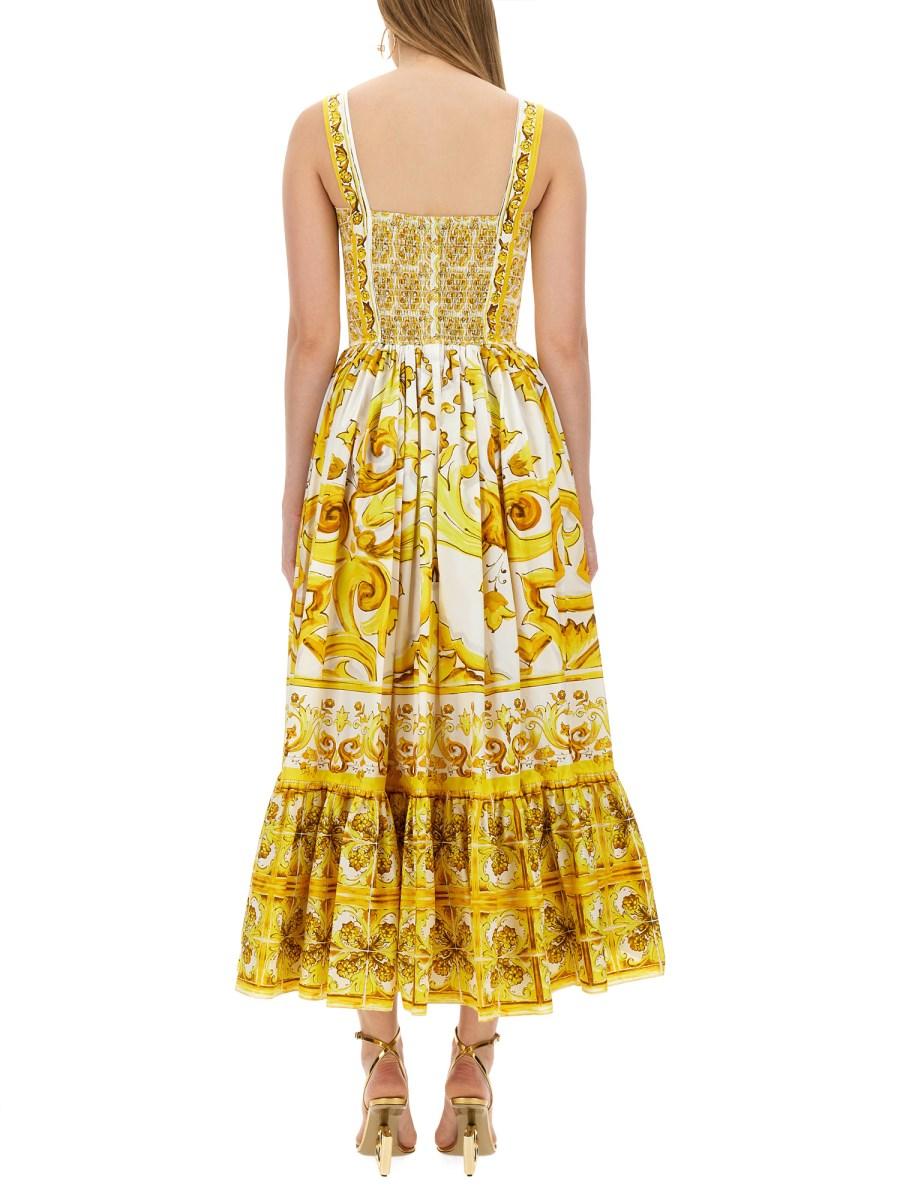 DOLCE & GABBANA ABITO BUSTIER LONGUETTE IN POPELINE DI COTONE STAMPA MAIOLICA