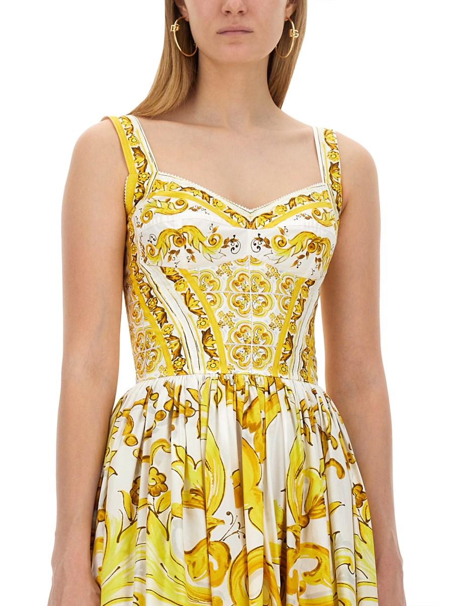 DOLCE & GABBANA ABITO BUSTIER LONGUETTE IN POPELINE DI COTONE STAMPA MAIOLICA