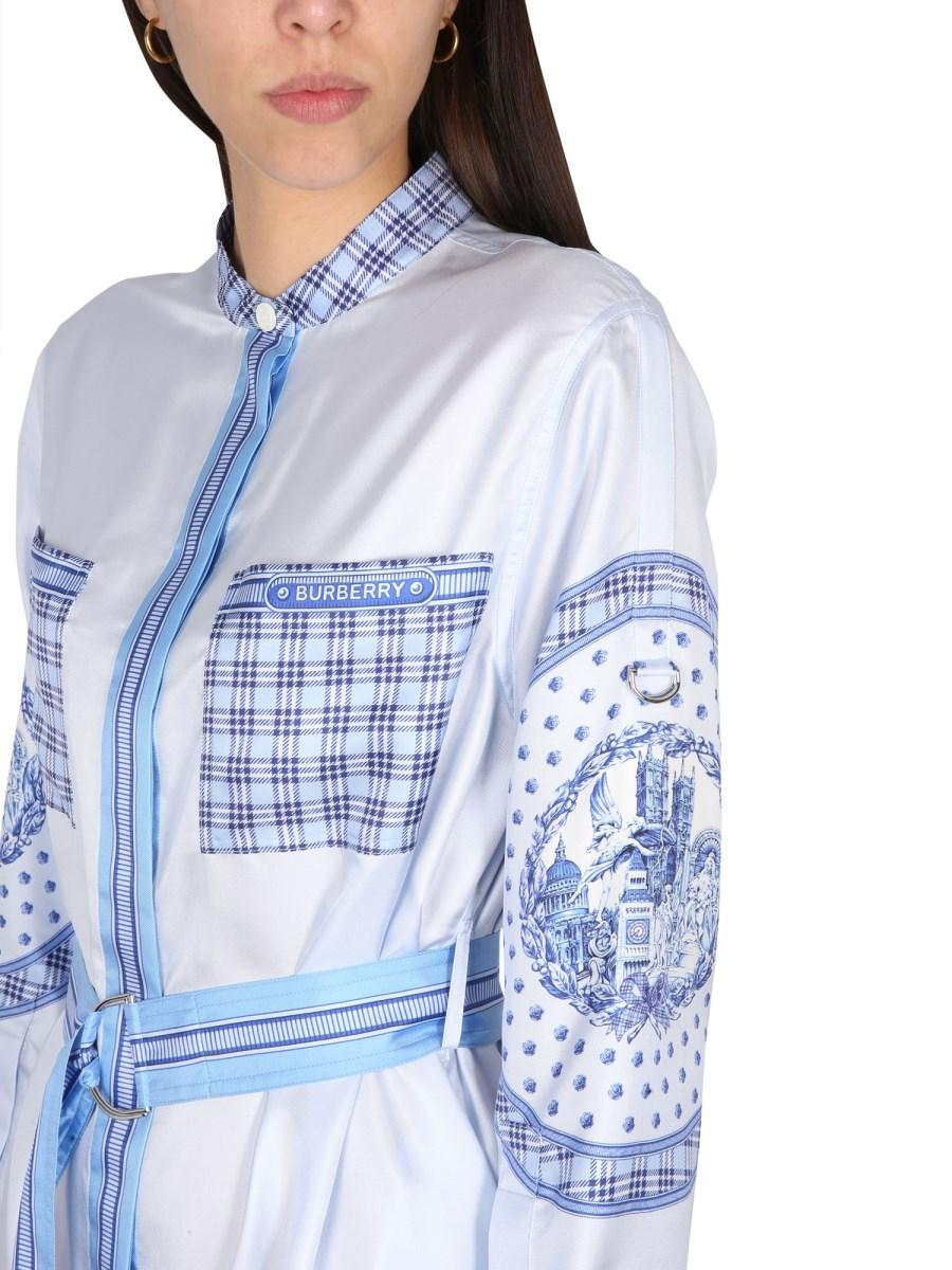 BURBERRY ABITO CHEMISIER IN SETA CON CINTURA E STAMPA MONUMENTI