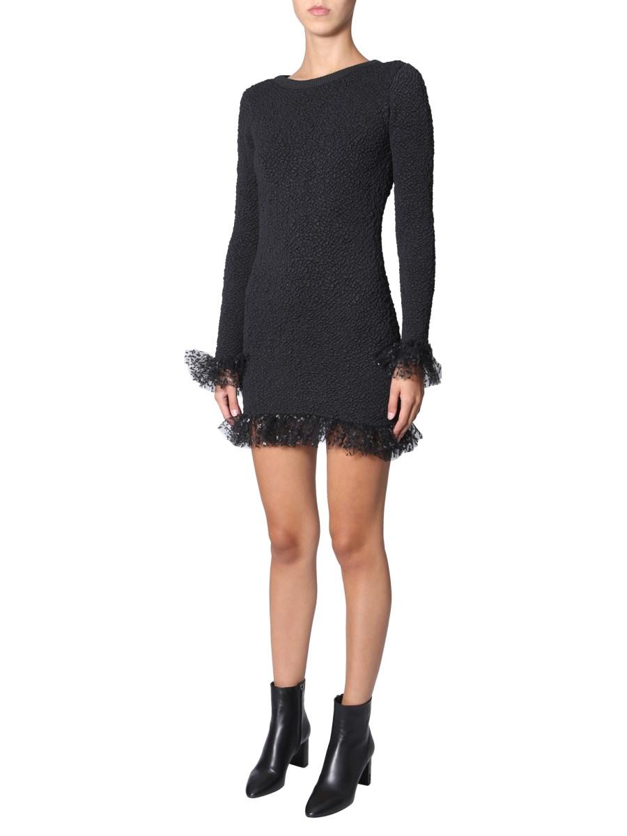 SAINT LAURENT ABITO IN MAGLIA SMOCKED IN SETA E TULLE