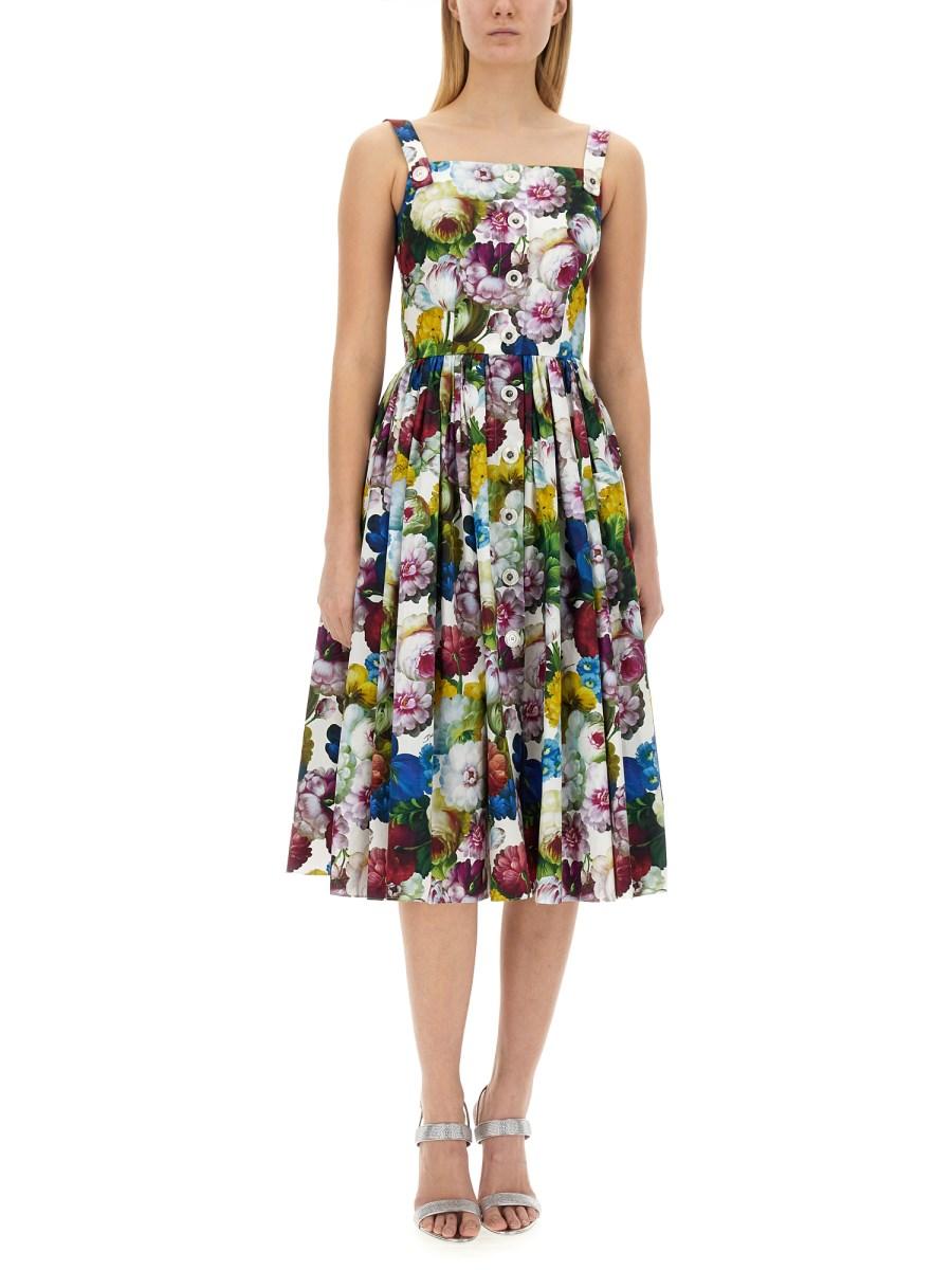 DOLCE & GABBANA ABITO MIDI BUSTIER IN COTONE CON STAMPA FIORE NOTTURNO