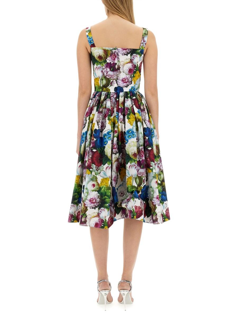 DOLCE & GABBANA ABITO MIDI BUSTIER IN COTONE CON STAMPA FIORE NOTTURNO