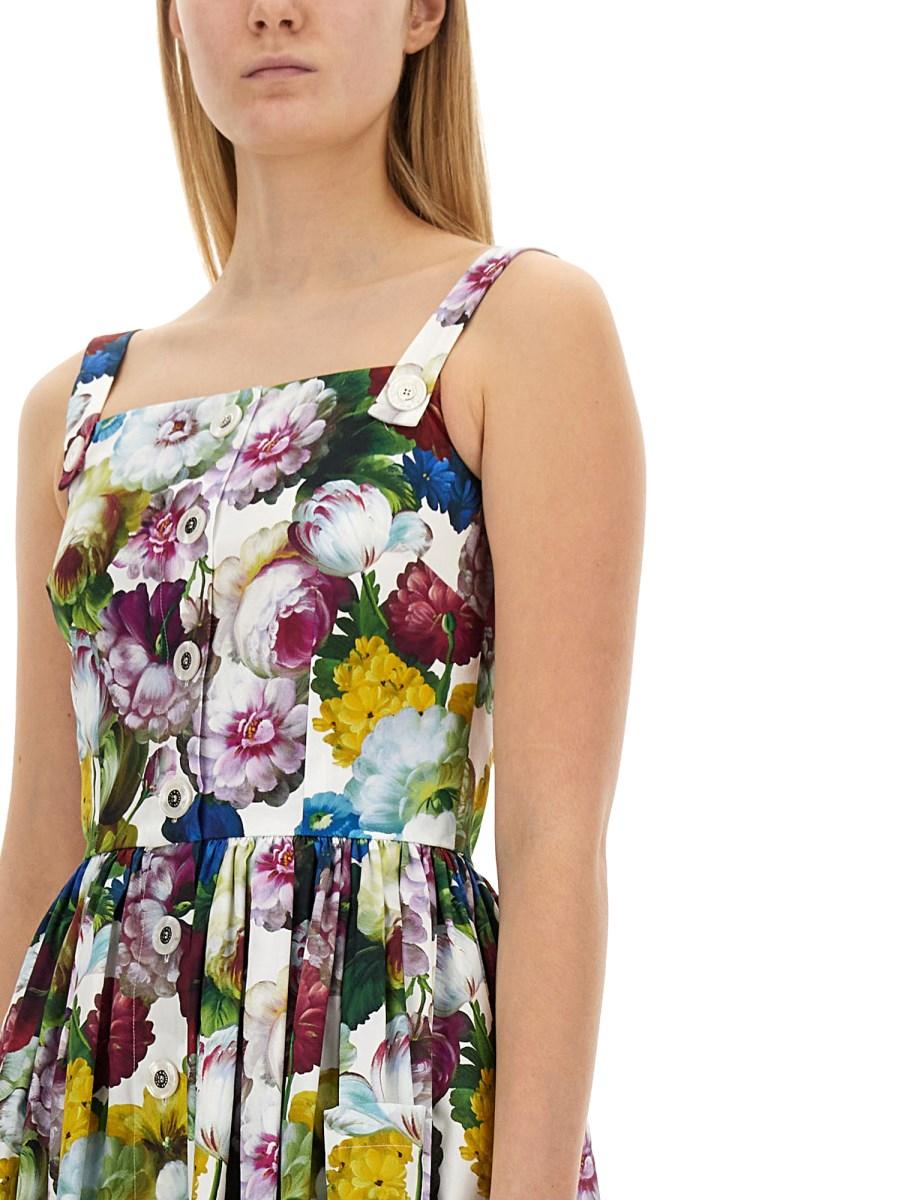 DOLCE & GABBANA ABITO MIDI BUSTIER IN COTONE CON STAMPA FIORE NOTTURNO