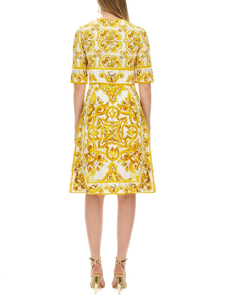 DOLCE & GABBANA ABITO MIDI IN CHARMEUSE DI SETA STAMPA MAIOLICA