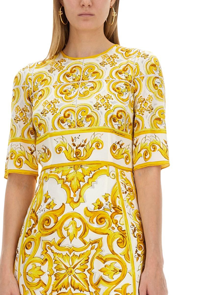 DOLCE & GABBANA ABITO MIDI IN CHARMEUSE DI SETA STAMPA MAIOLICA