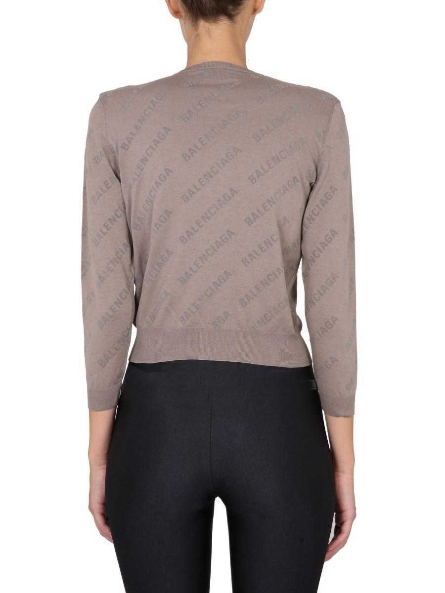 BALENCIAGA CARDIGAN ALLOVER LOGO CROPPED IN COTONE