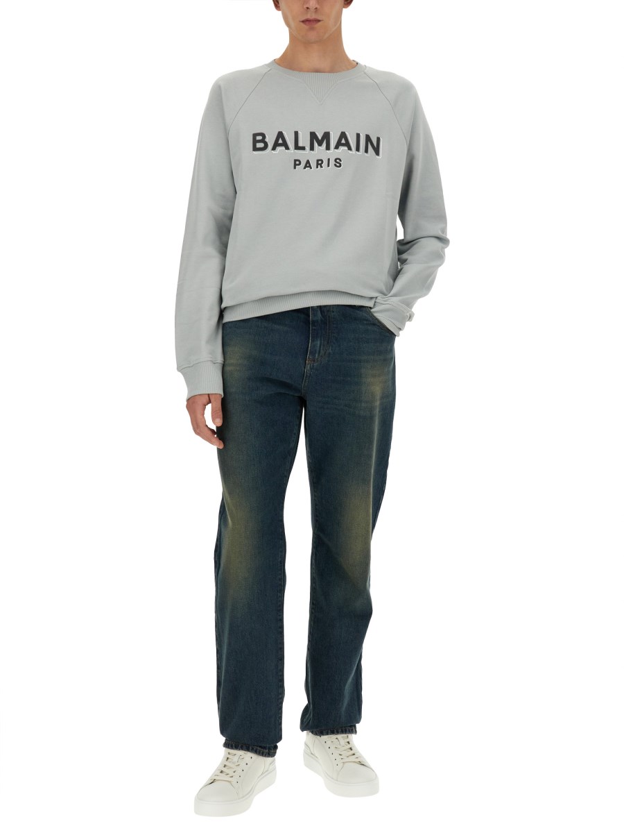 BALMAIN FELPA IN COTONE CON LOGO FLOCCATO