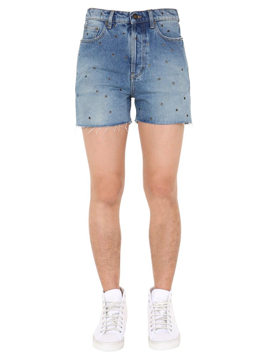 SAINT LAURENT BERMUDA IN DENIM DI COTONE CON OCCHIELLI METALLICI