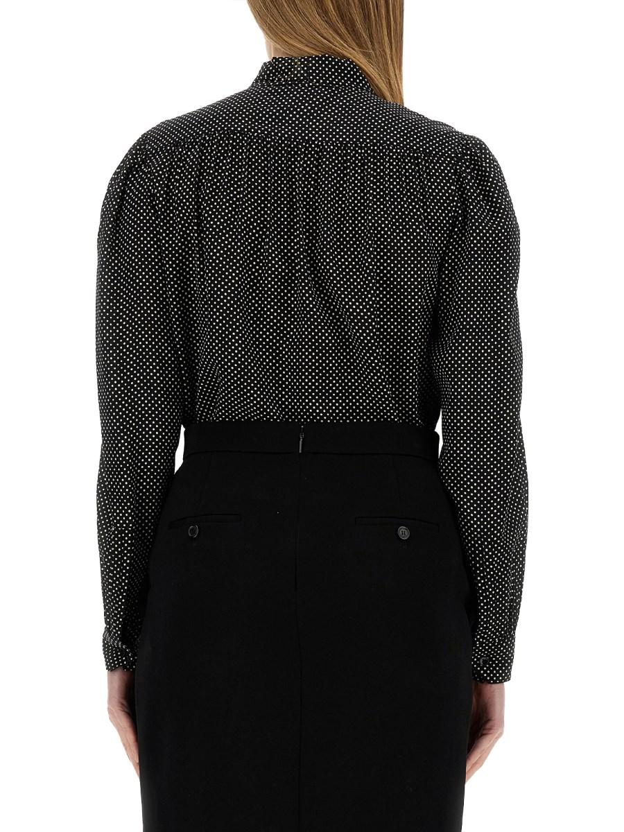 SAINT LAURENT BLUSA CON COLLO LAVALLIÈRE IN SATIN DI SETA A POIS