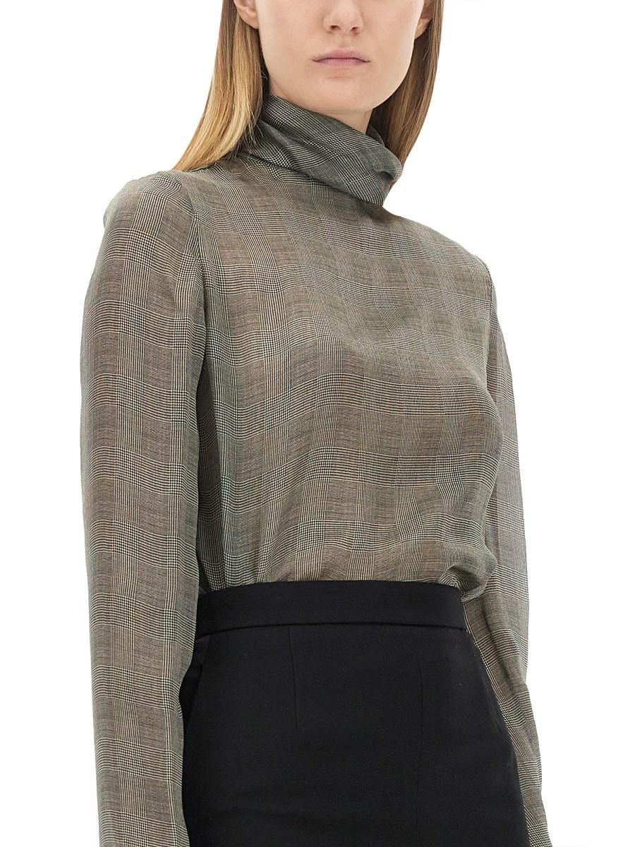 SAINT LAURENT BLUSA DOLCEVITA IN CHARMEUSE DI SETA PRINCIPE DI GALLES