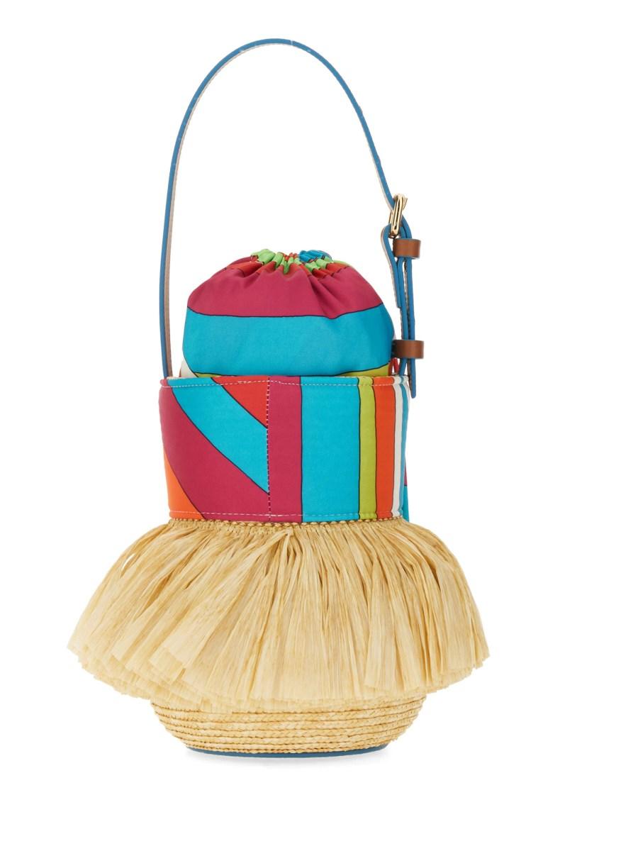 PUCCI BORSA "PUCCINELLA" IN TWILL DI SETA STAMPA IRIDE E PAGLIA