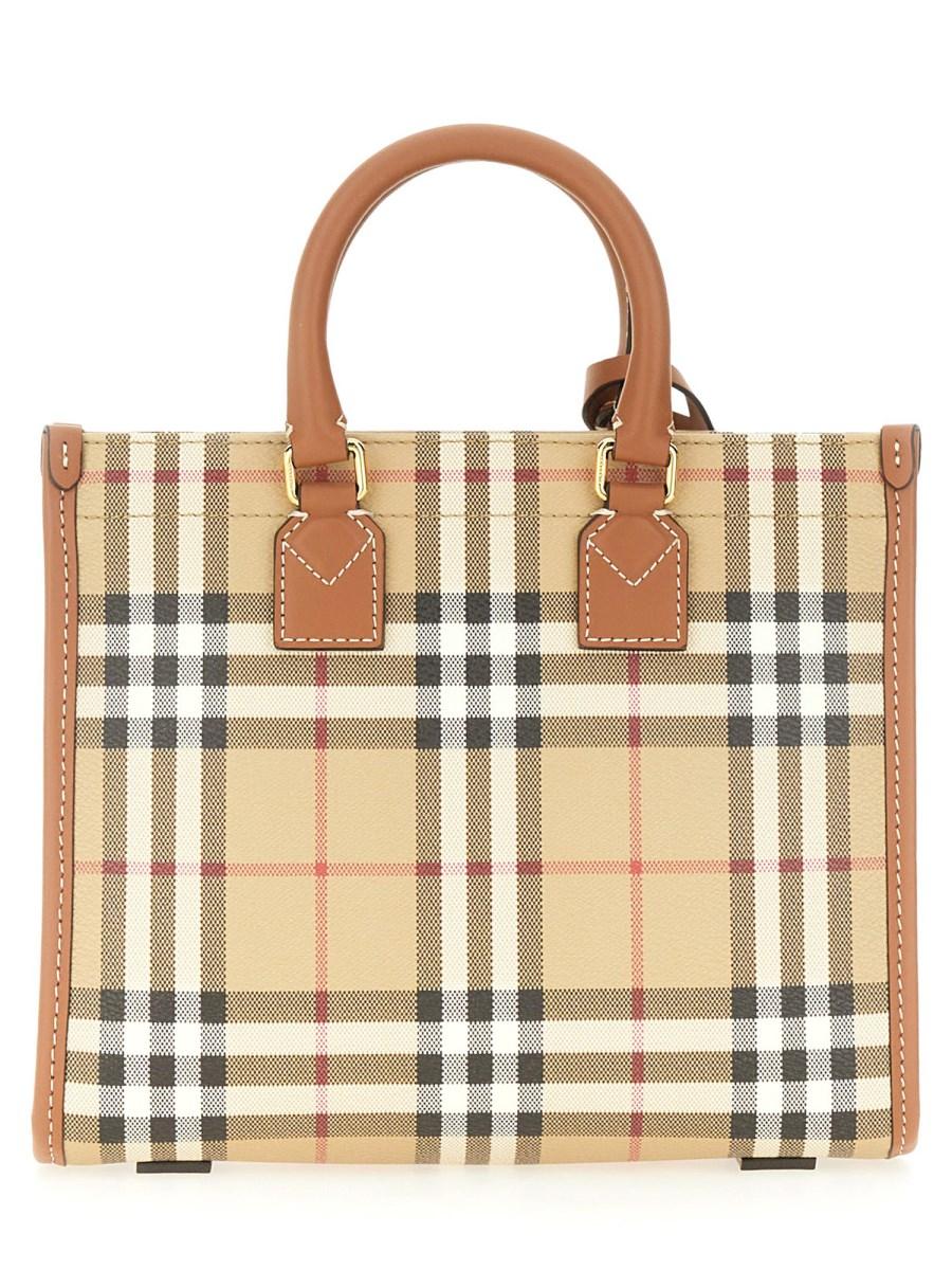 BURBERRY BORSA TOTE FREYA MINI IN COTONE SPALMATO CHECK
