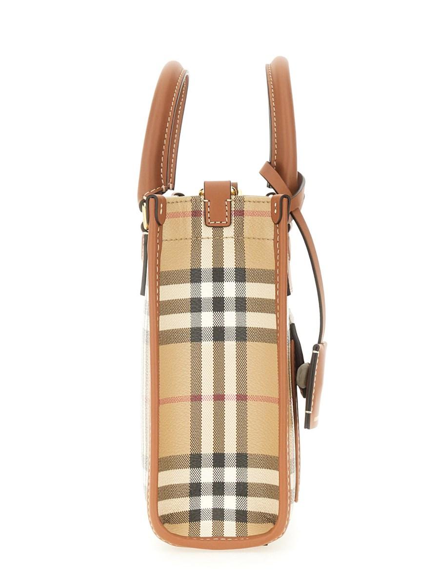BURBERRY BORSA TOTE FREYA MINI IN COTONE SPALMATO CHECK