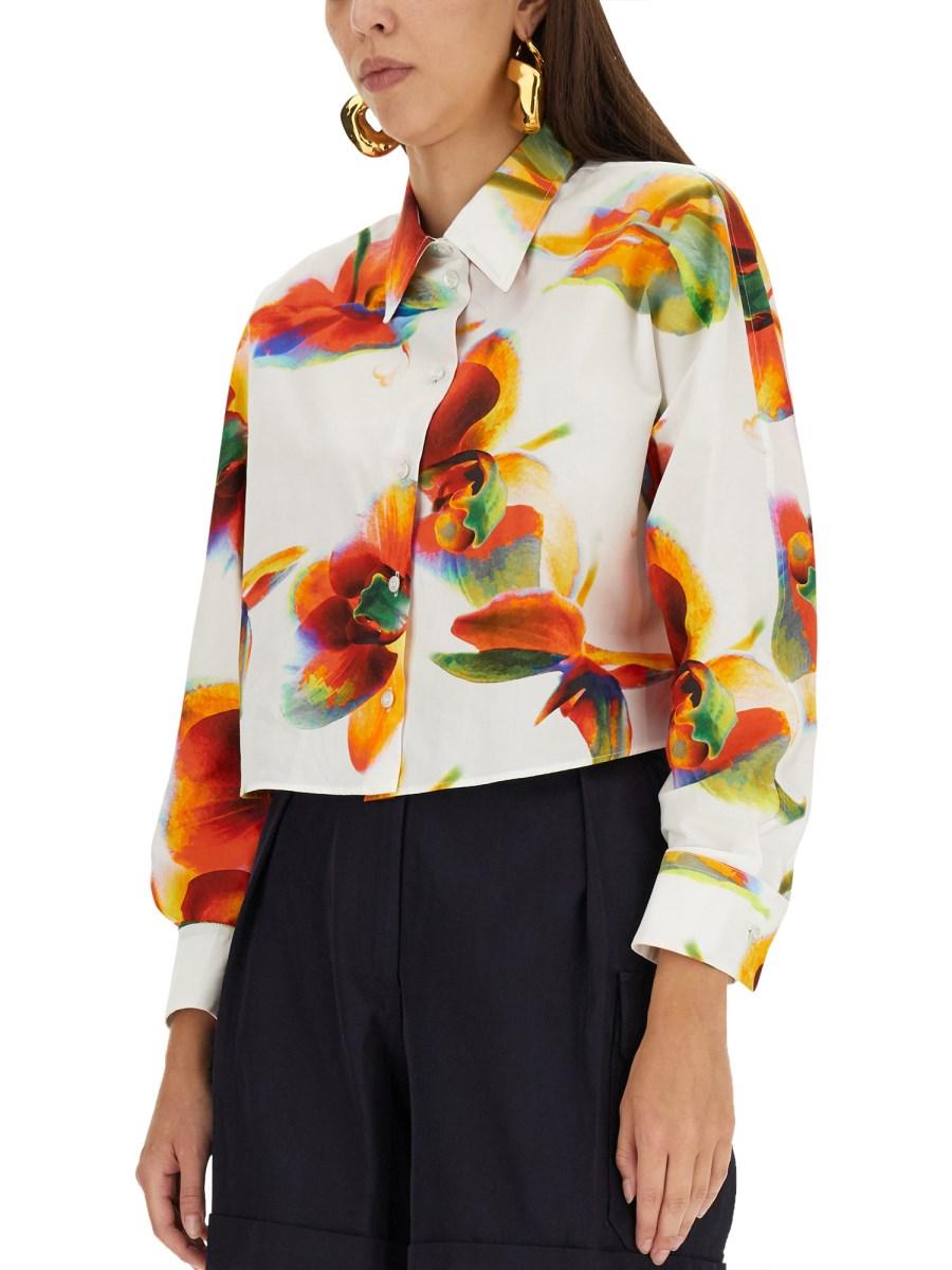 ALEXANDER McQUEEN CAMICIA CON STAMPA SOLARISED ORCHID IN POPELINE DI COTONE