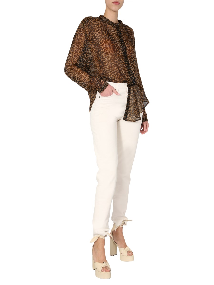 SAINT LAURENT CAMICIA OVERSIZE FIT IN ÉTAMINE DI LANA CON STAMPA LEOPARDATA
