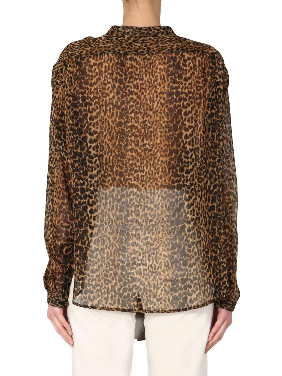 SAINT LAURENT CAMICIA OVERSIZE FIT IN ÉTAMINE DI LANA CON STAMPA LEOPARDATA