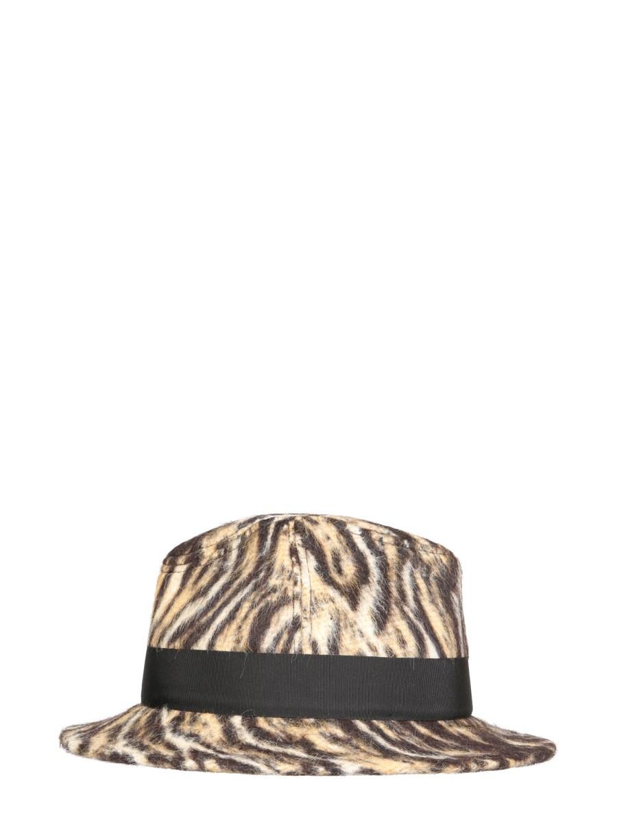 SAINT LAURENT CAPPELLO A TESA LARGA CON STAMPA LEOPARDATA IN LANA PETTINATA E FELTRO DI ALPACA