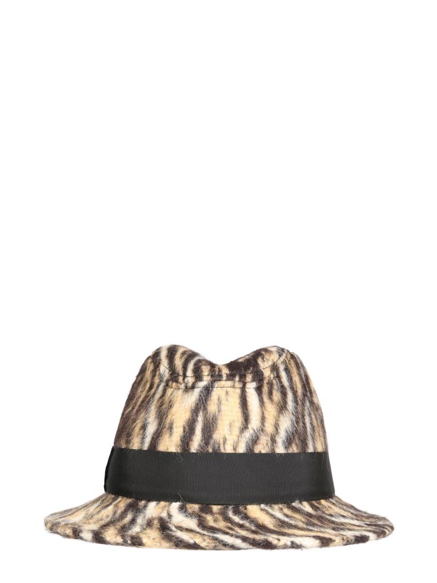 SAINT LAURENT CAPPELLO A TESA LARGA CON STAMPA LEOPARDATA IN LANA PETTINATA E FELTRO DI ALPACA