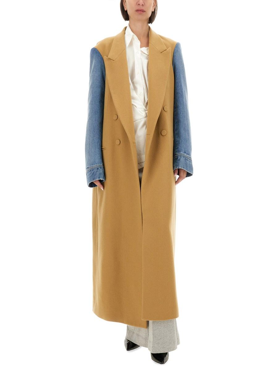 DRIES VAN NOTEN CAPPOTTO CON MANICHE DENIM IN GABARDINE DI LANA SPAZZOLATA