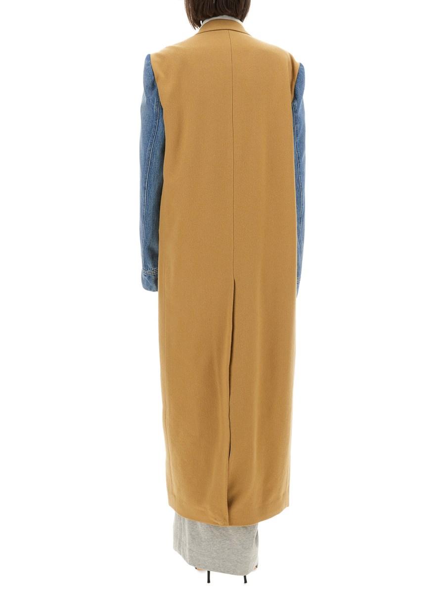 DRIES VAN NOTEN CAPPOTTO CON MANICHE DENIM IN GABARDINE DI LANA SPAZZOLATA