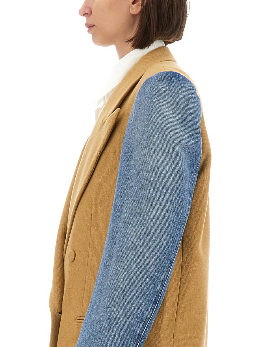 DRIES VAN NOTEN CAPPOTTO CON MANICHE DENIM IN GABARDINE DI LANA SPAZZOLATA