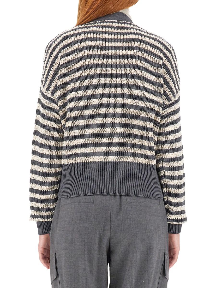 BRUNELLO CUCINELLI CARDIGAN IN COTONE A RIGHE CON MICRO PAILLETTES
