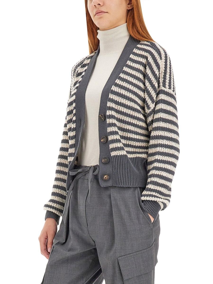 BRUNELLO CUCINELLI CARDIGAN IN COTONE A RIGHE CON MICRO PAILLETTES