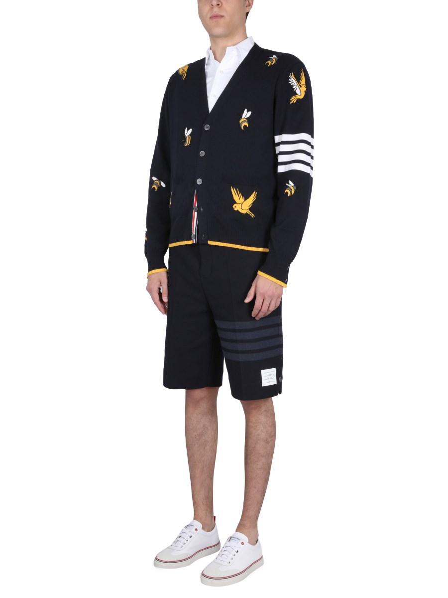 THOM BROWNE CARDIGAN IN LANA CON INTARSI BIRDS AND BEES