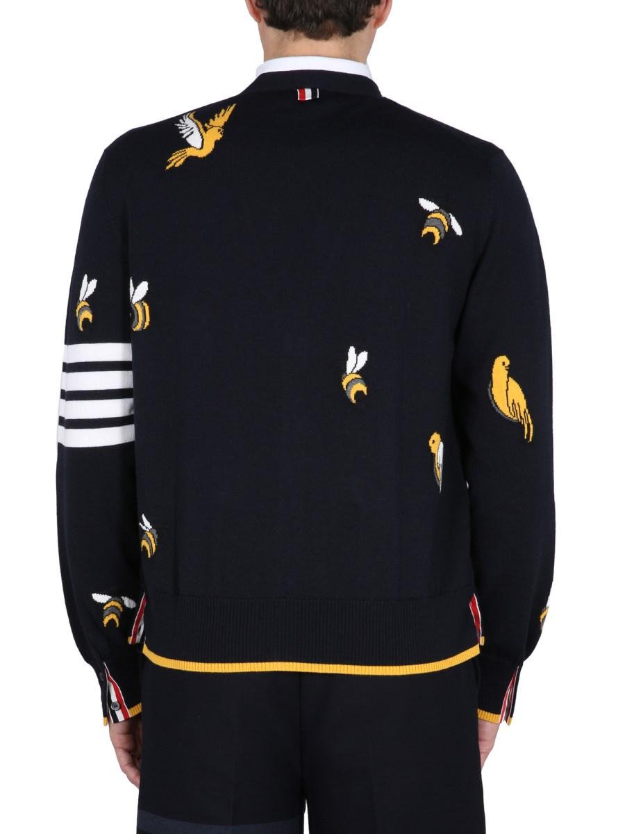 THOM BROWNE CARDIGAN IN LANA CON INTARSI BIRDS AND BEES