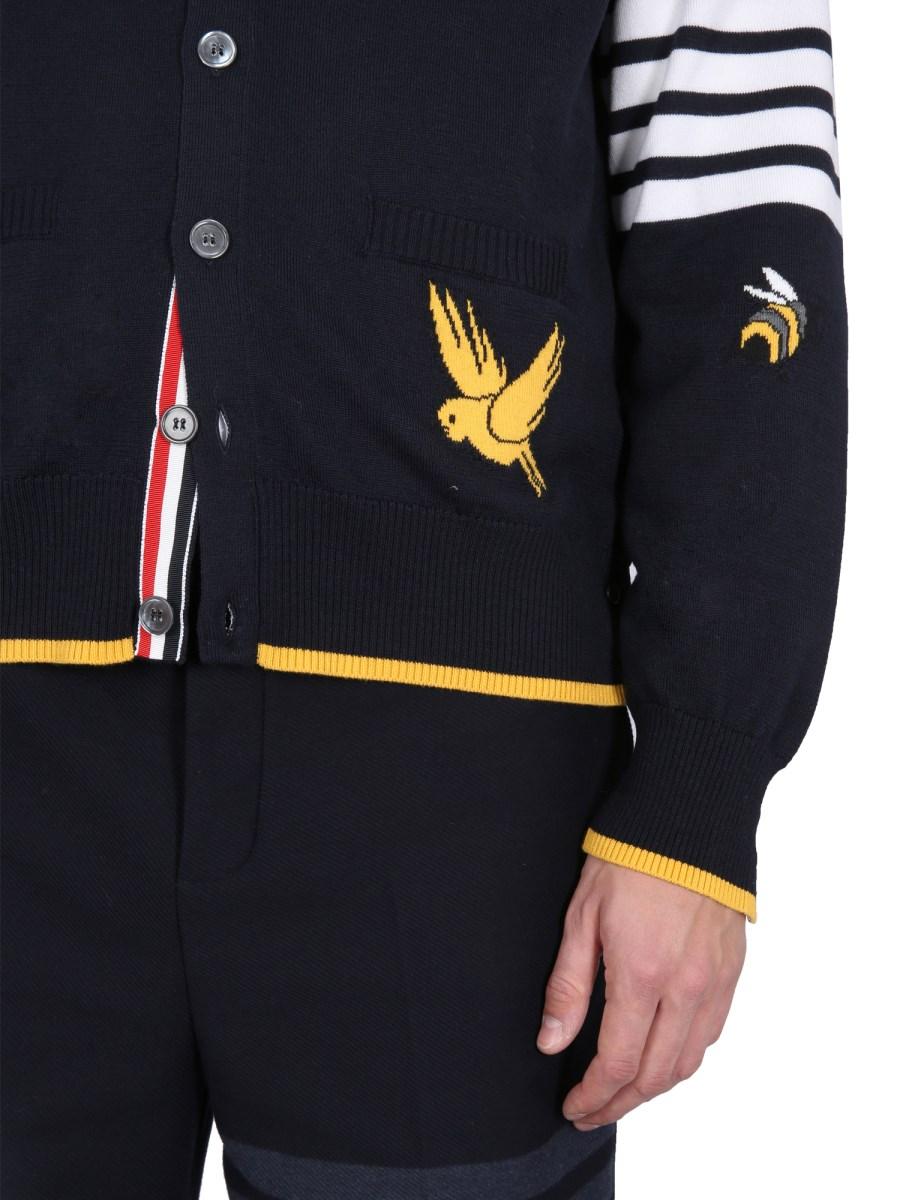 THOM BROWNE CARDIGAN IN LANA CON INTARSI BIRDS AND BEES