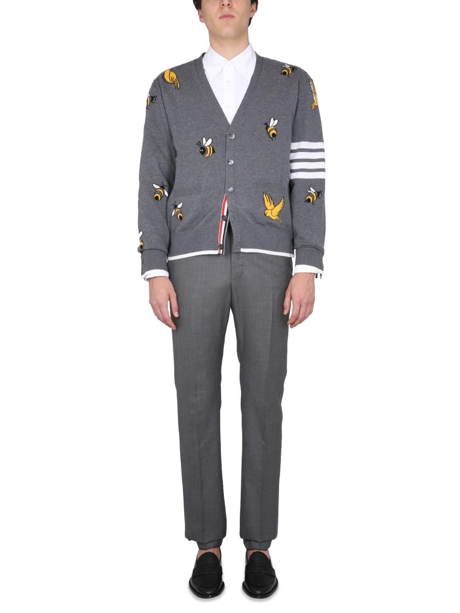 THOM BROWNE CARDIGAN IN LANA CON INTARSI BIRDS AND BEES