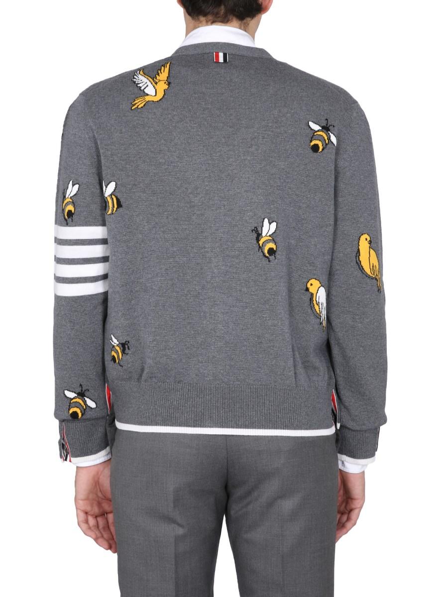 THOM BROWNE CARDIGAN IN LANA CON INTARSI BIRDS AND BEES