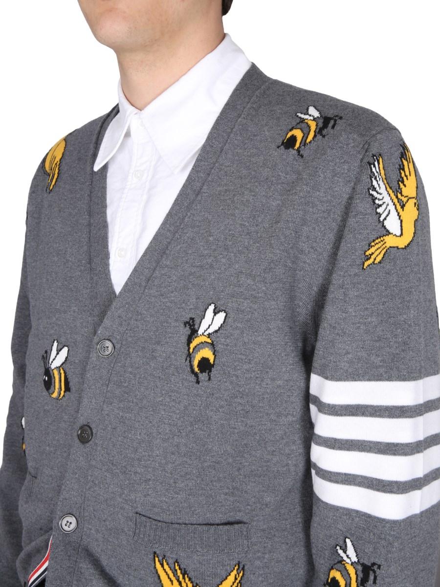 THOM BROWNE CARDIGAN IN LANA CON INTARSI BIRDS AND BEES