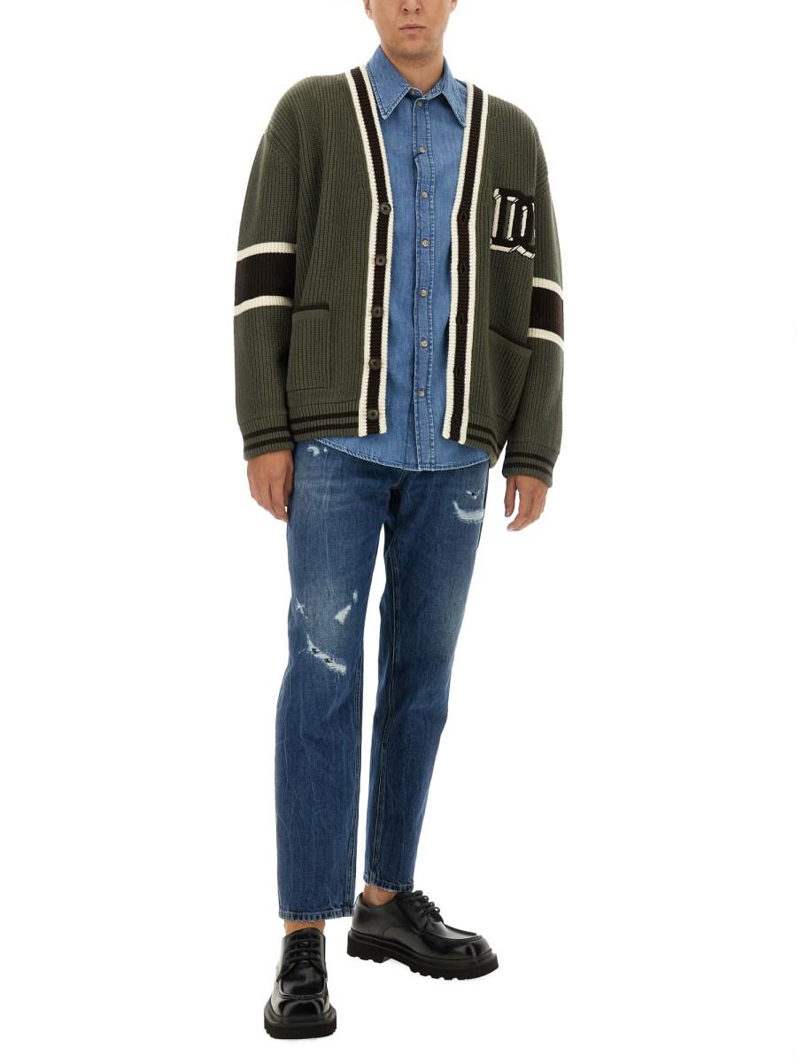 DOLCE & GABBANA CARDIGAN IN LANA COSTA INGLESE CON PATCH LOGO DG