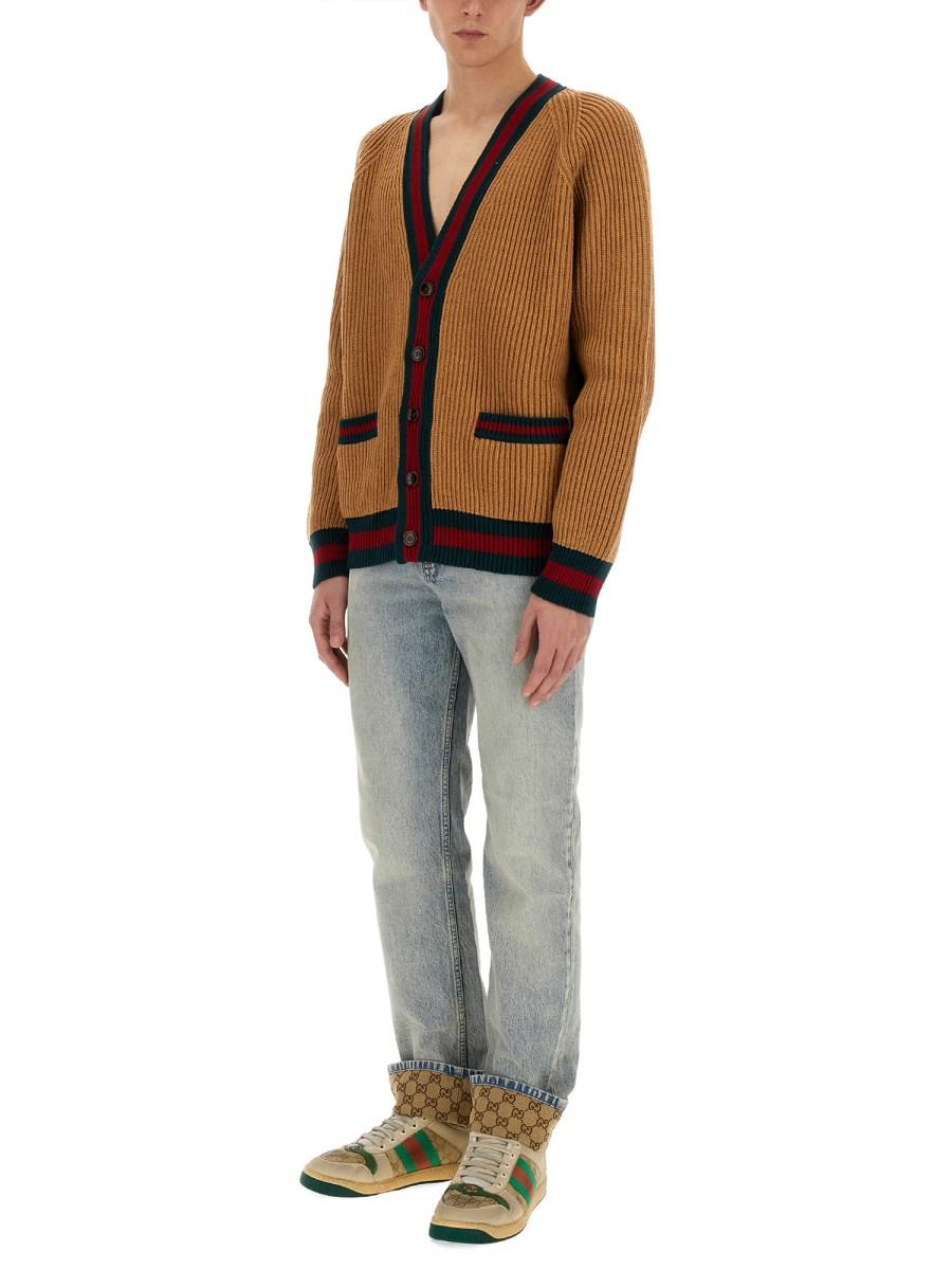 GUCCI CARDIGAN IN LANA LAVORATA A MAGLIA CON NASTRO WEB