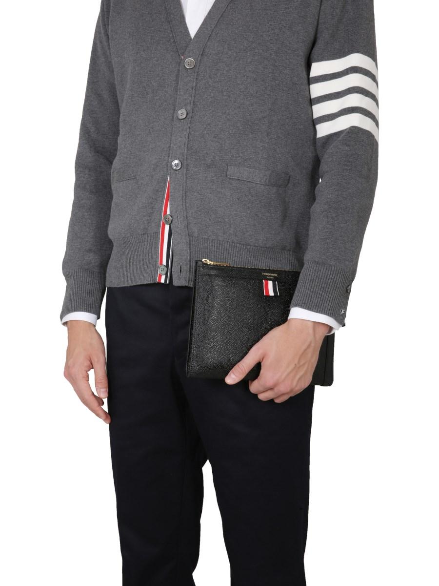 THOM BROWNE CARDIGAN SCOLLO A V IN COTONE PUNTO MILANO CON 4 BAR STRIPES