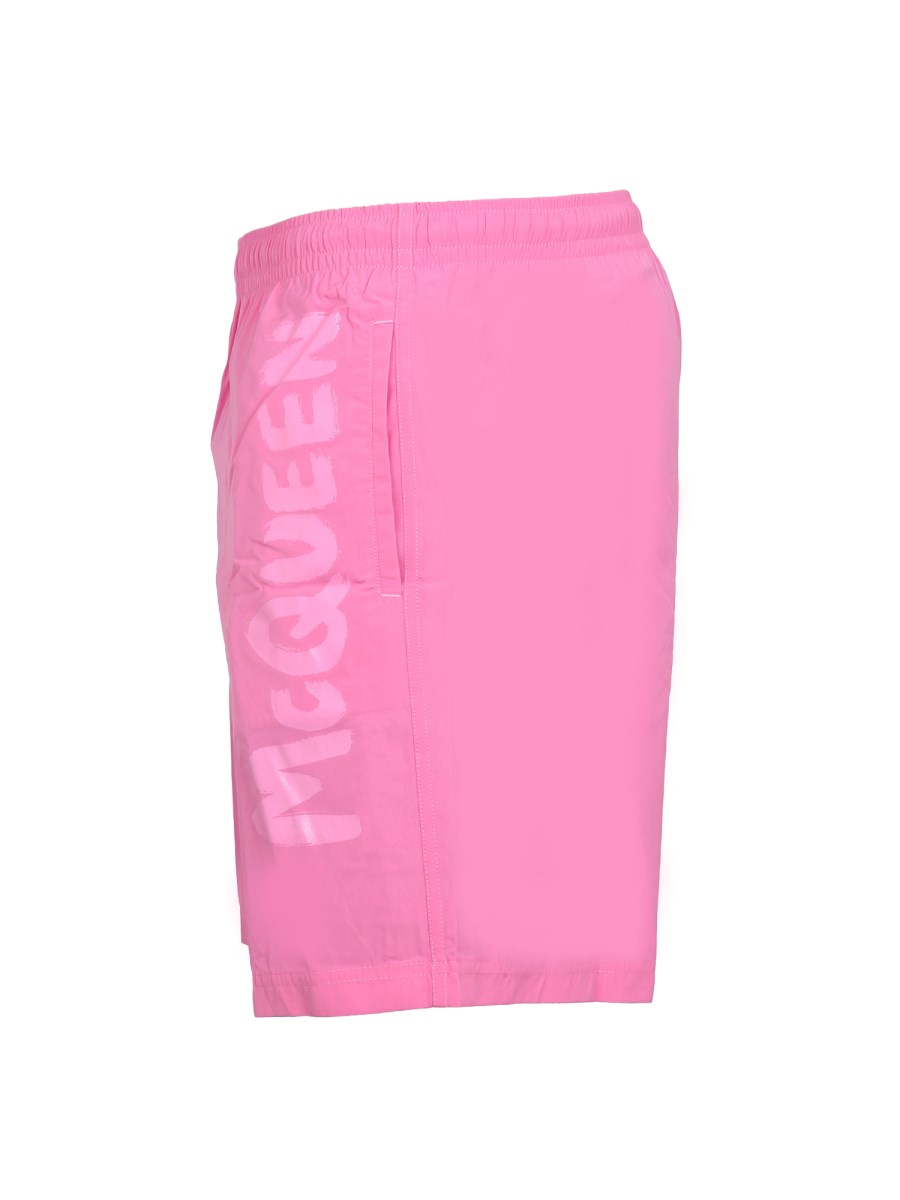 ALEXANDER McQUEEN COSTUME DA BAGNO IN NYLON CON STAMPA LOGO GRAFFITI ACQUARELLO