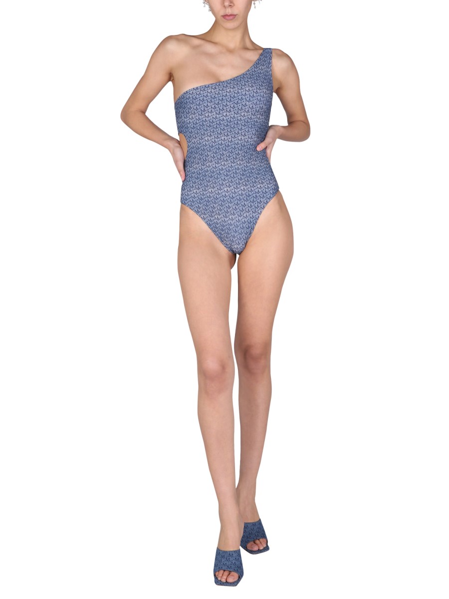 MAGDA BUTRYM COSTUME INTERO CUT-OUT MONOSPALLA IN DENIM MONOGRAM